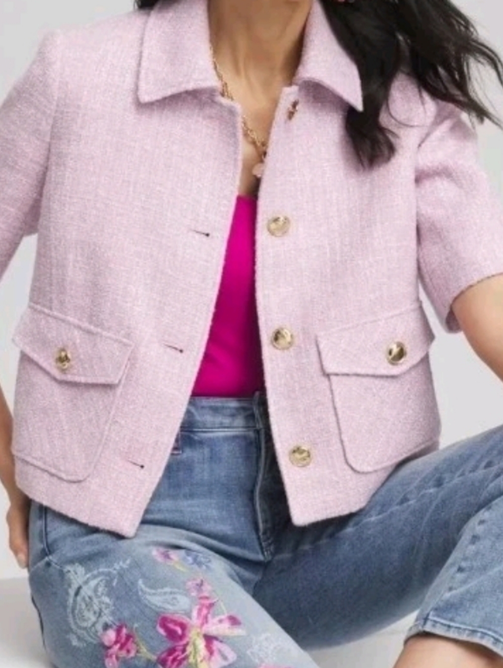 Cropped Lilac Pink Tweed Short-Sleeve Jacket with Gold Buttons